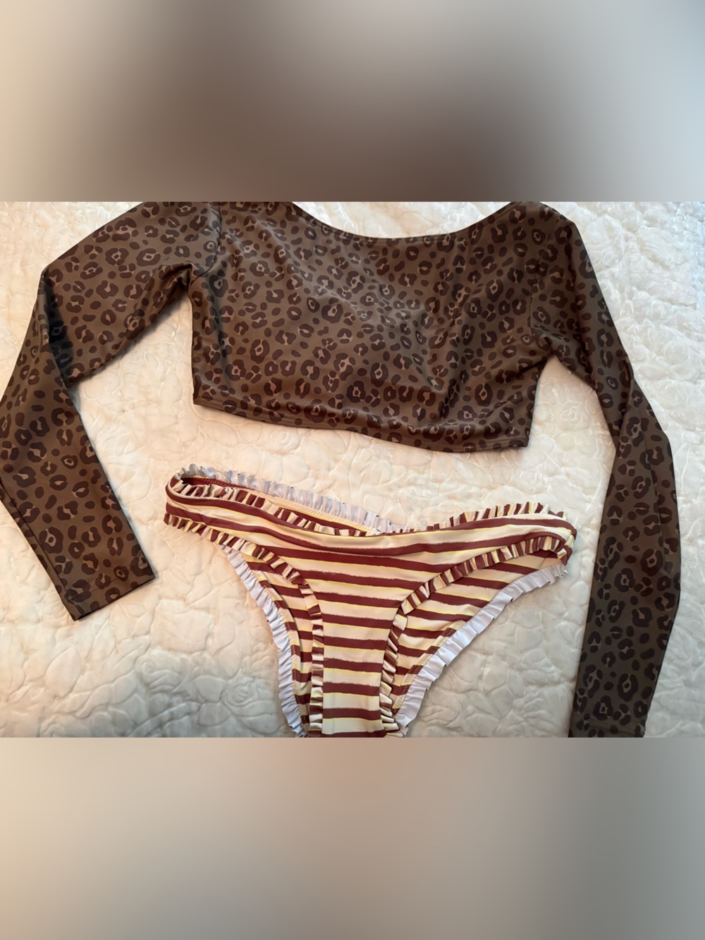 Atmosea Brown Leopard Long Sleeve Crop Top with out frundStriped Bikini Bottoms